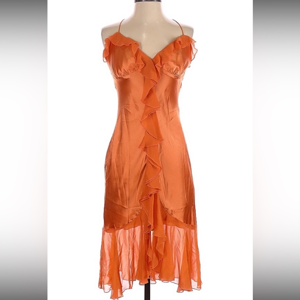 orange silk mini dress w ruffles